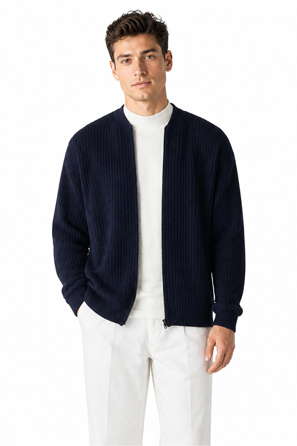 Men's Zip Cardigan Waffle Knit Funnel Neck, Dark Blue, front view