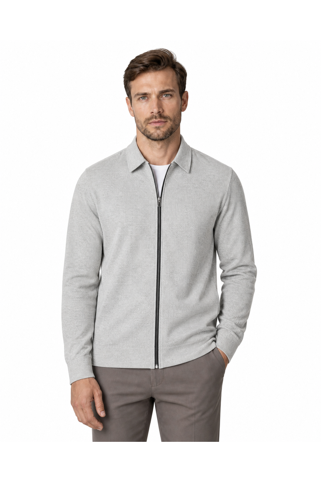 Dylan | Waffle-Knit Zip Jacket - Light gray1 - front - group 6