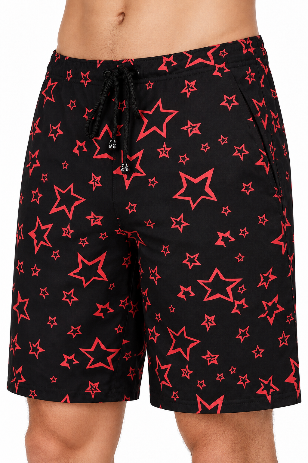 Men's Shorts Paint-Splatter Print Drawstring Waist, Black, fabric close-up