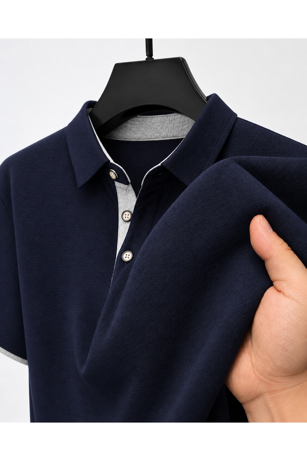 Men's Polo Shirt Contrast Trim Button Collar, fabric detail