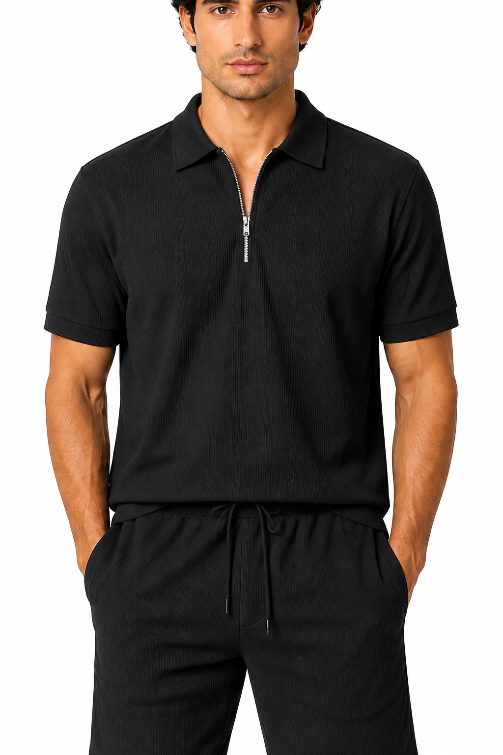 Men's Polo Shorts Set Lightweight Feel Coordinated Design, Black, fabric close-up