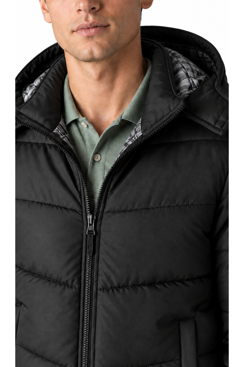 Close-up of Ventorino black hooded puffer jacket construction and fabric texture