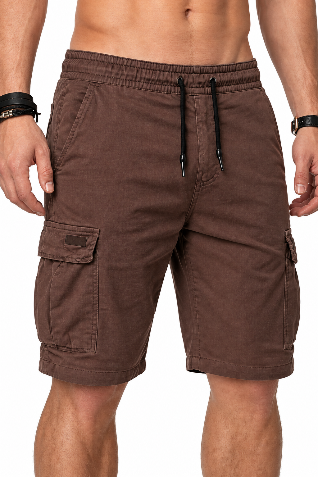 Men's Sports Shorts Cargo Pockets Relaxed Fit, Brown, fabric close-up