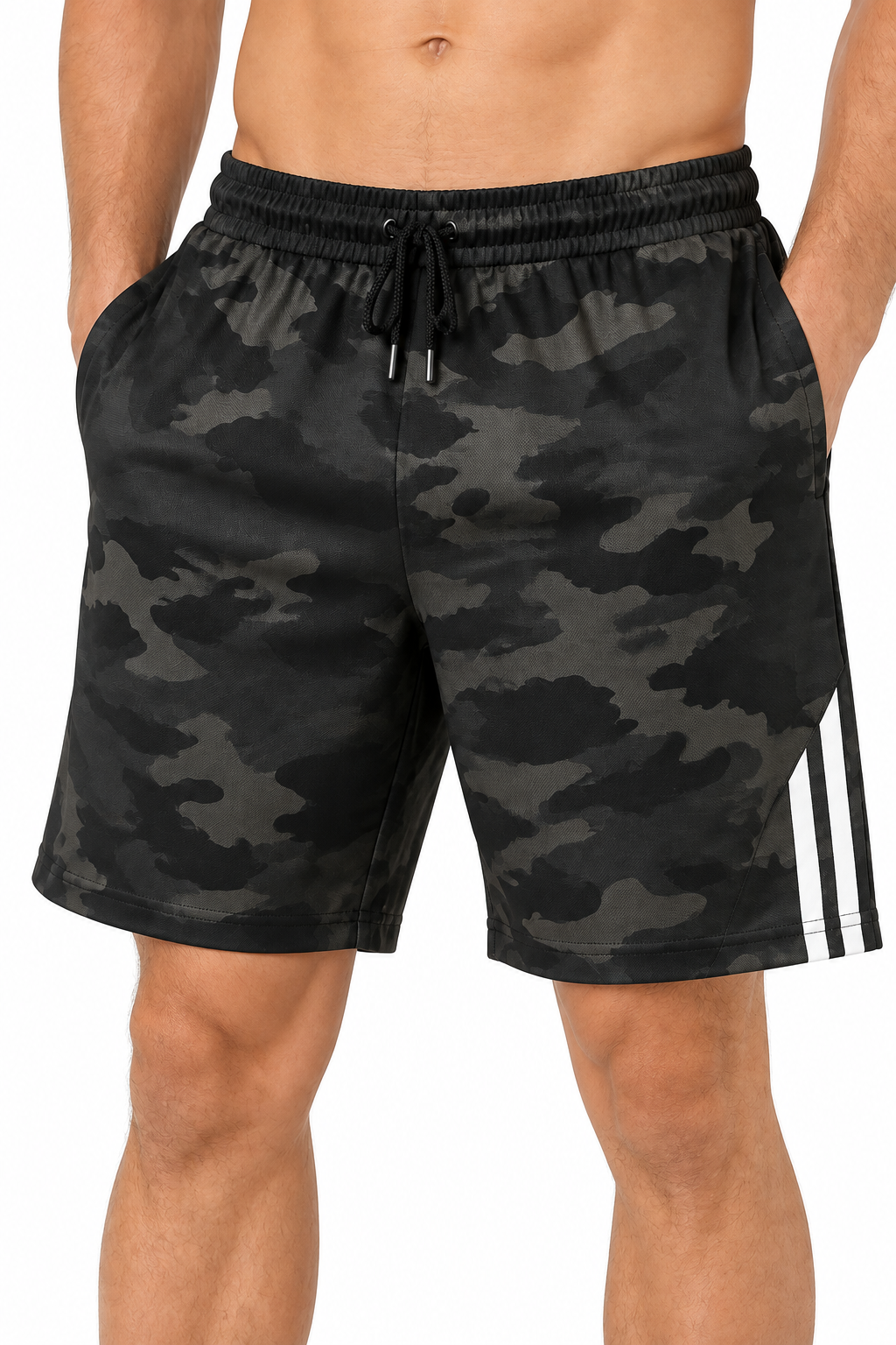 Men's Training Shorts Camo Print Flexible Fit, Three bar shorts, fabric close-up