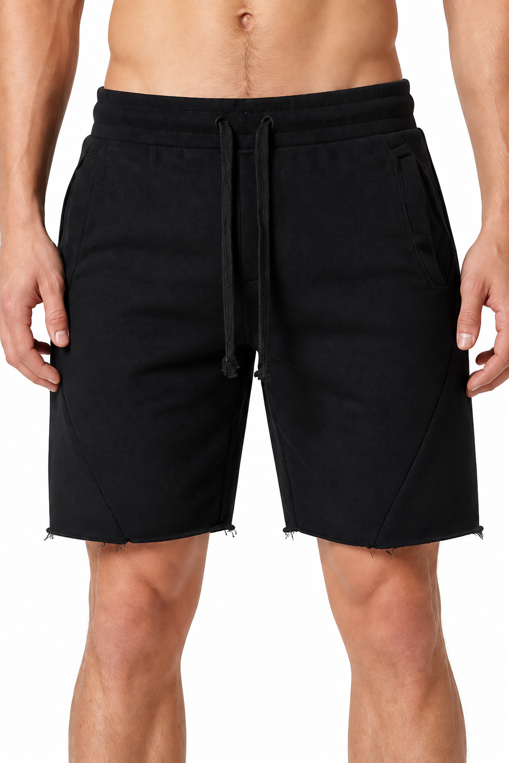 Men's Shorts Cotton Fabric Drawstring Waist, Black, fabric close-up
