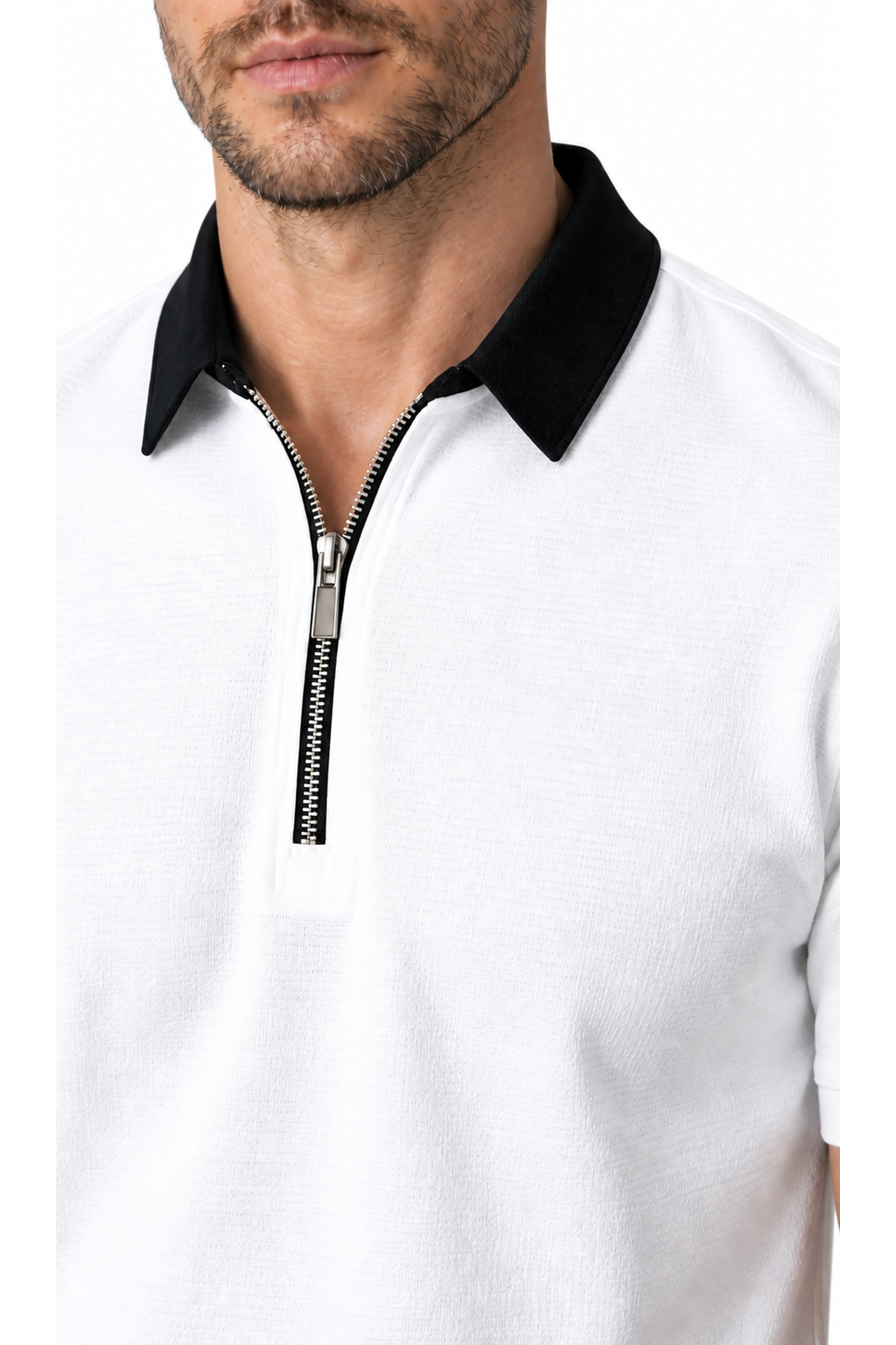 Close-up of Ventorino white polo with black zip collar construction and fabric texture