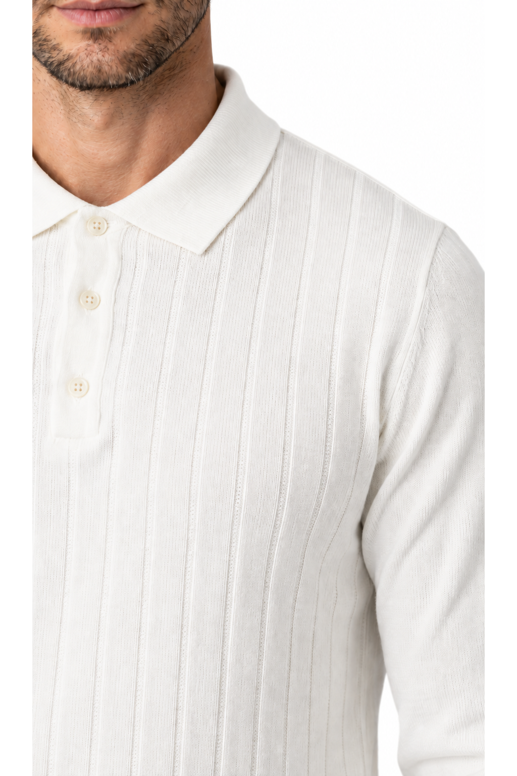 Men's Polo Sweater Chenille Texture Retro Style, White, close-up of original fabric and garment details
