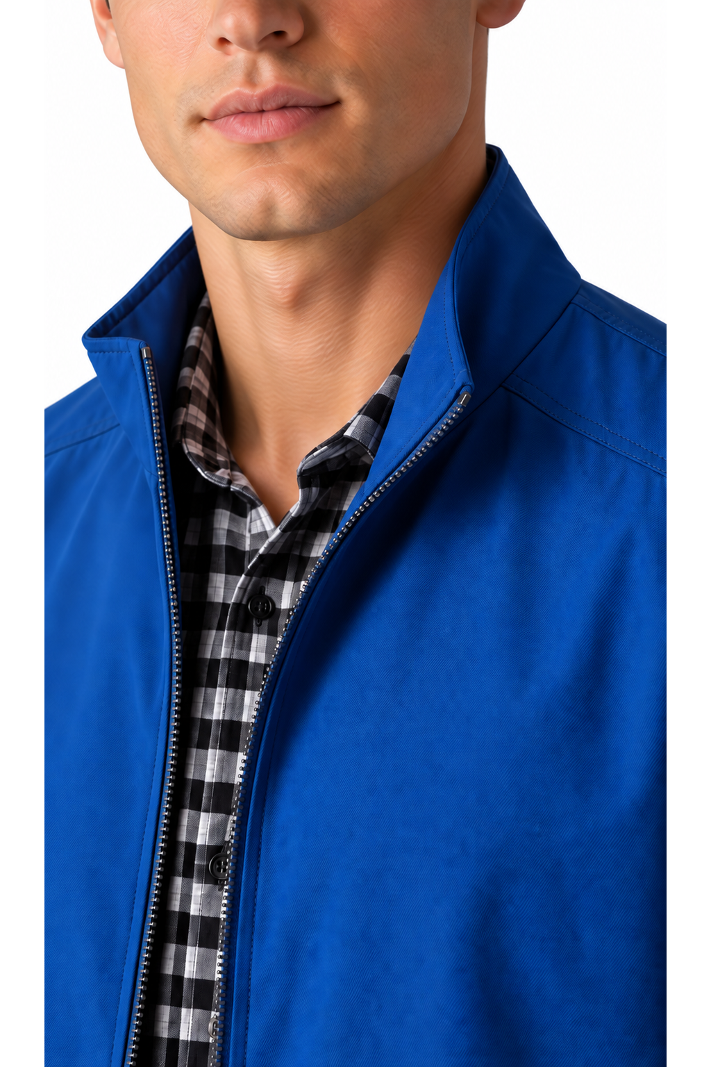 Close-up of Ventorino blue lightweight jacket construction and fabric texture