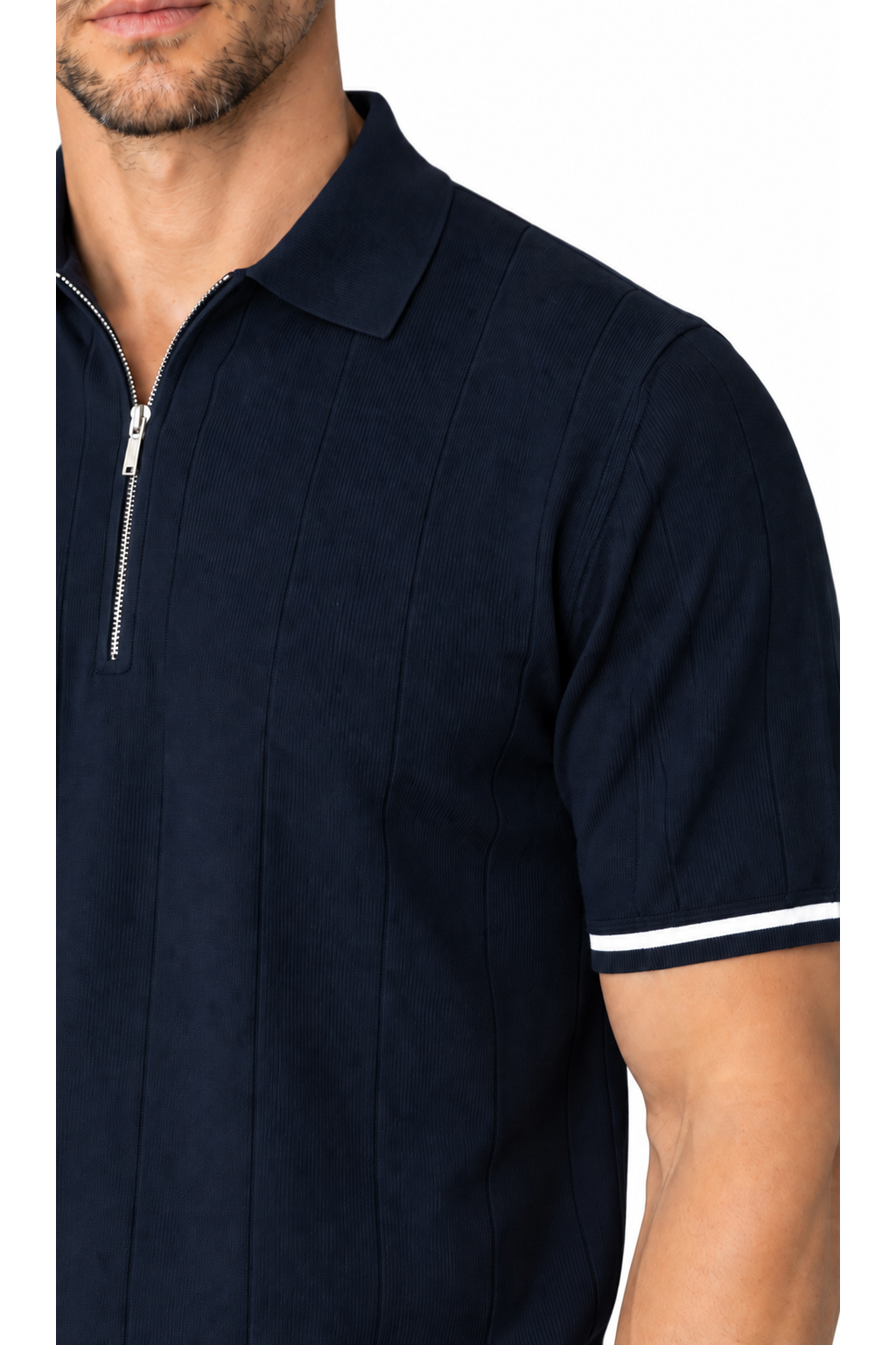 Harvey zip-neck polo, dark blue, close-up of fabric and collar
