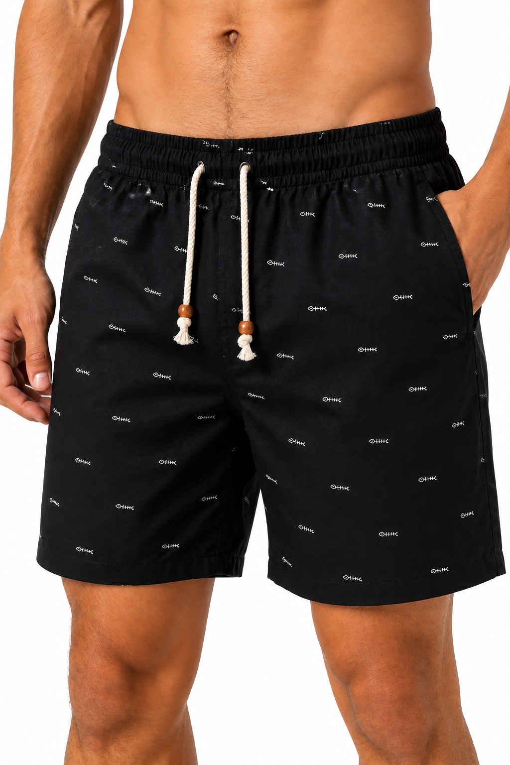 Men's Beach Shorts Printed Design Drawstring Waist, black, fabric close-up