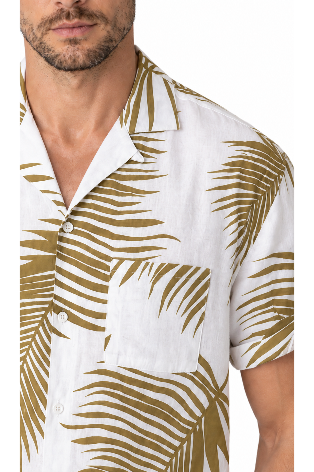 Men's Camp-Collar Shirt Tropical Print Relaxed Fit, Yellow palm, close-up of original fabric and garment details