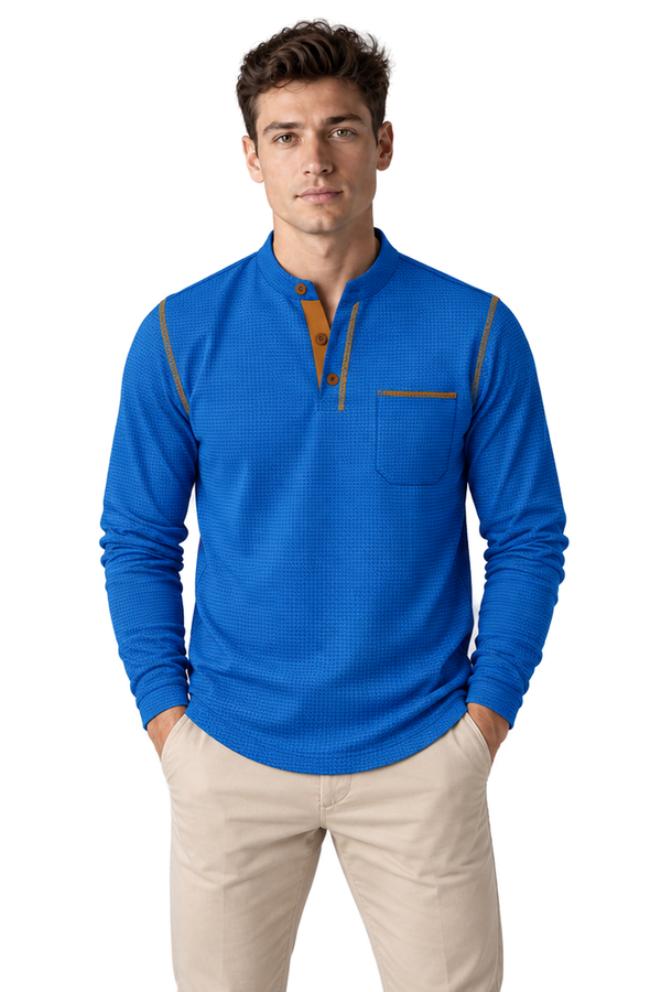 Men's Long Sleeve Polo Shirt Textured Fabric Chest Pocket in Blue - front view