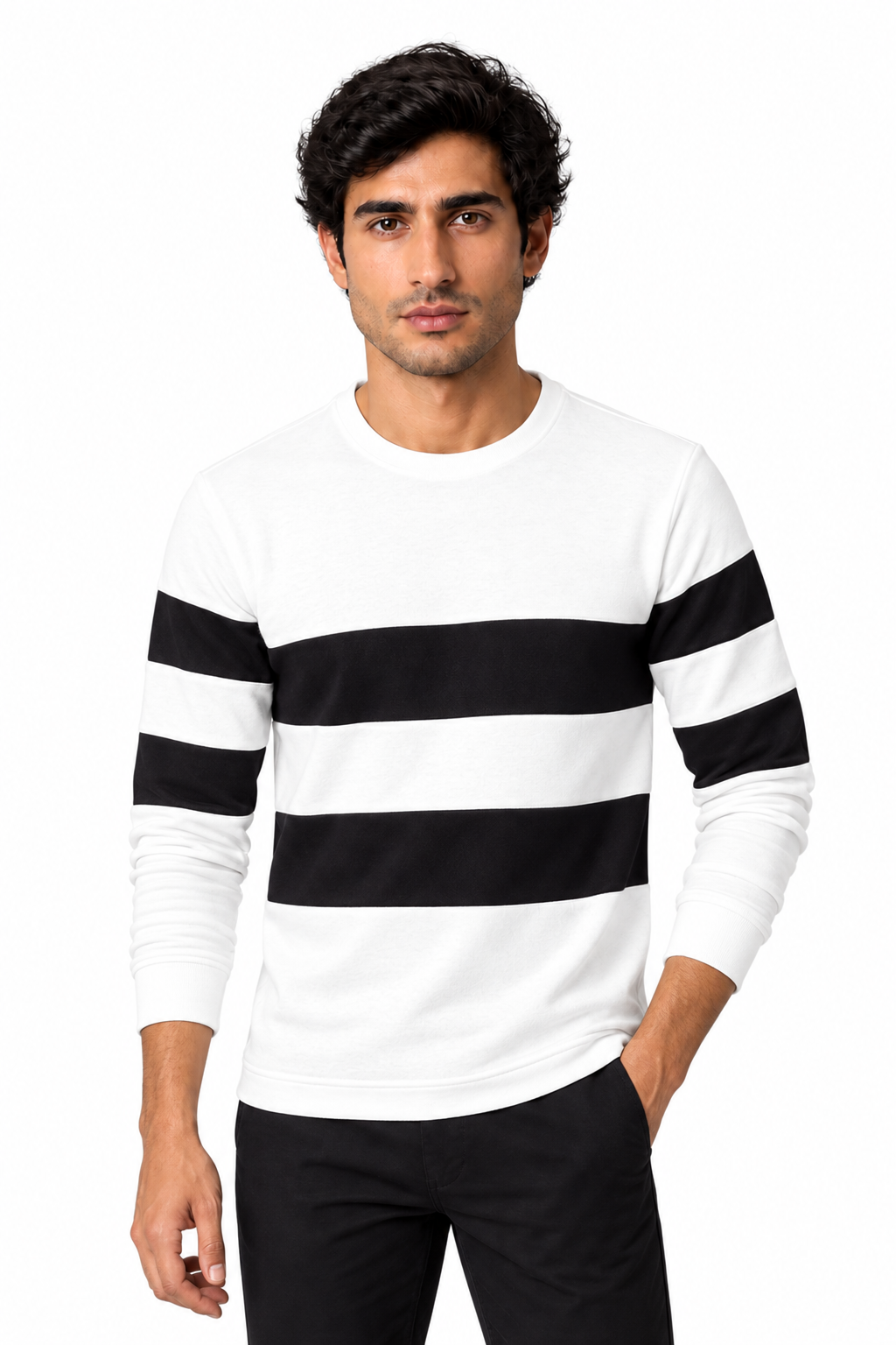 Men's Long Sleeve T-Shirt Colorblock Design Crew Neck in White - perto view