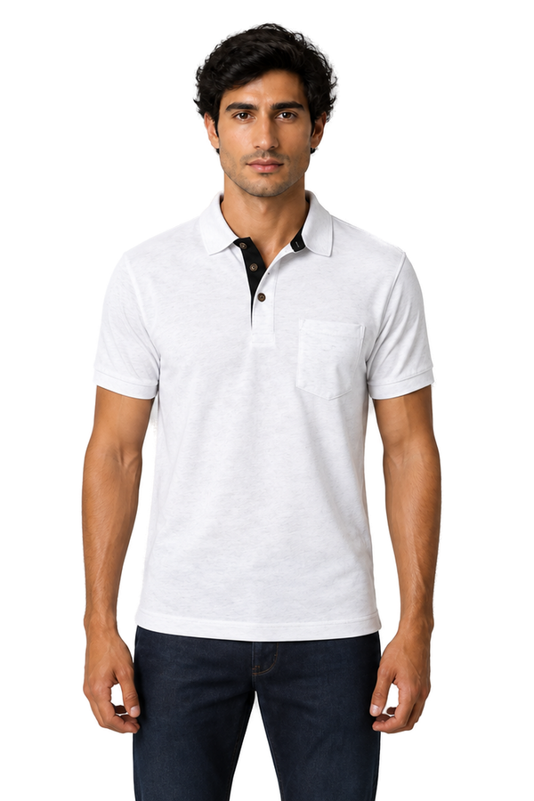 Men's Polo Shirt Moisture-Wicking Fabric Chest Pocket in White - front view