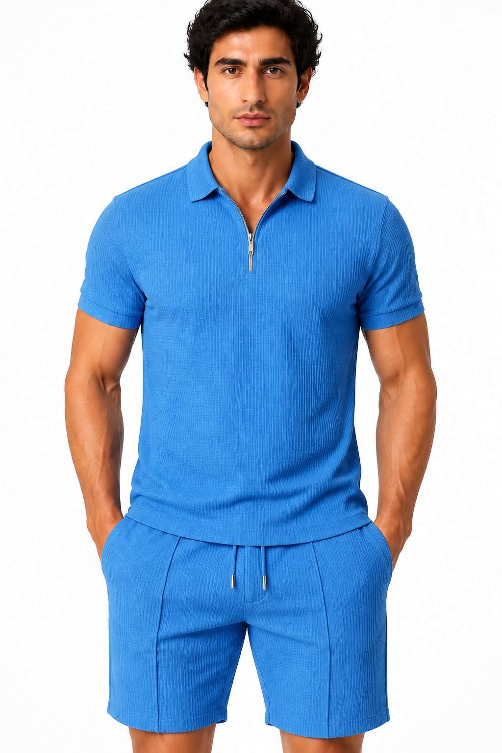 Men's Polo Shorts Set Waffle Knit Half Zip, Light Blue, fabric close-up