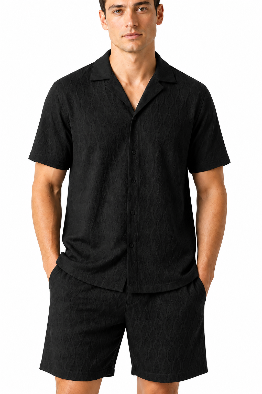 Men's Shorts Set Textured Fabric Camp Collar, Black, fabric close-up