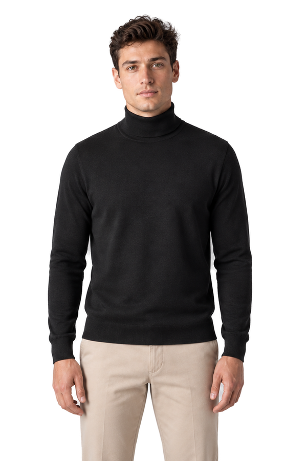 Men's Turtleneck Sweater Thermal Fabric Warm Fit in Black - front view