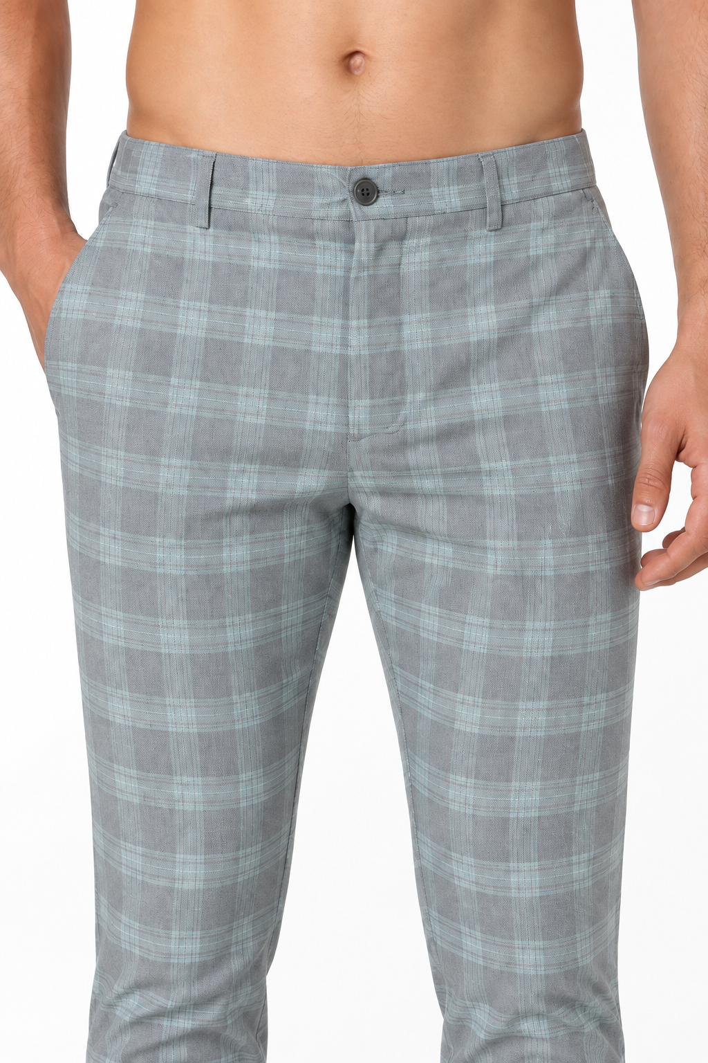 Men's Trousers Slim Fit Plaid Pattern, Light Blue, fabric close-up