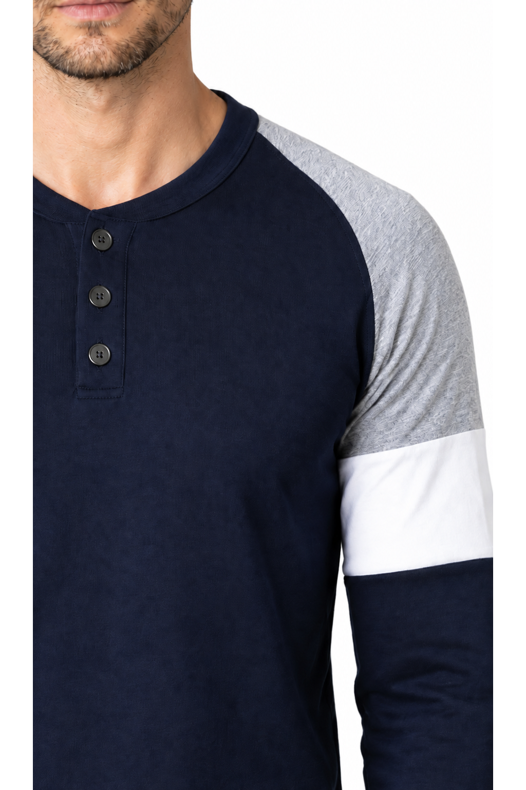 Men's Henley Shirt Colorblock Design Casual Fit, Navy Blue, close-up of original fabric and garment details