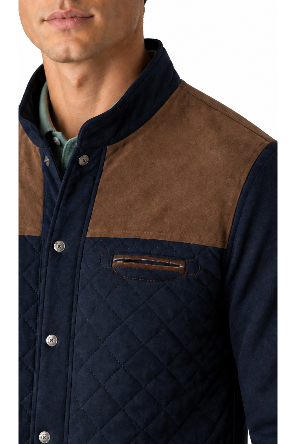 Men's Jacket Quilted Texture Patchwork Design, Coffee, close-up of original fabric and garment details