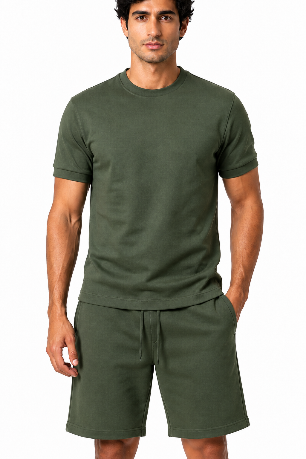 Men's T-Shirt Shorts Set Casual Fit Coordinated Design, Green, fabric close-up