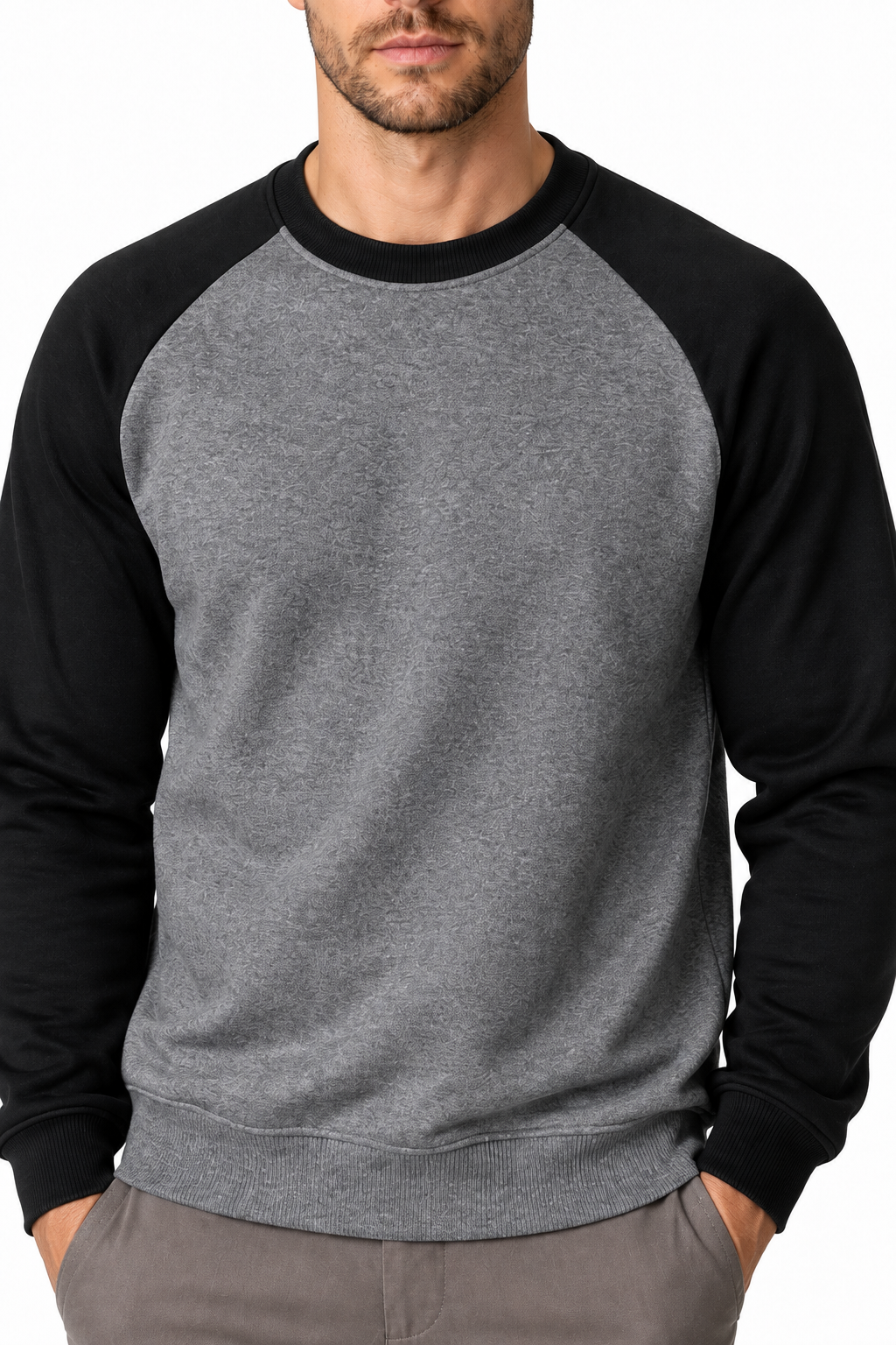Ventorino Men's Sweatshirt Colorblock Design Raglan Sleeves | Ventorino in Dark Gray Black Sleeve — garment and fabric detail