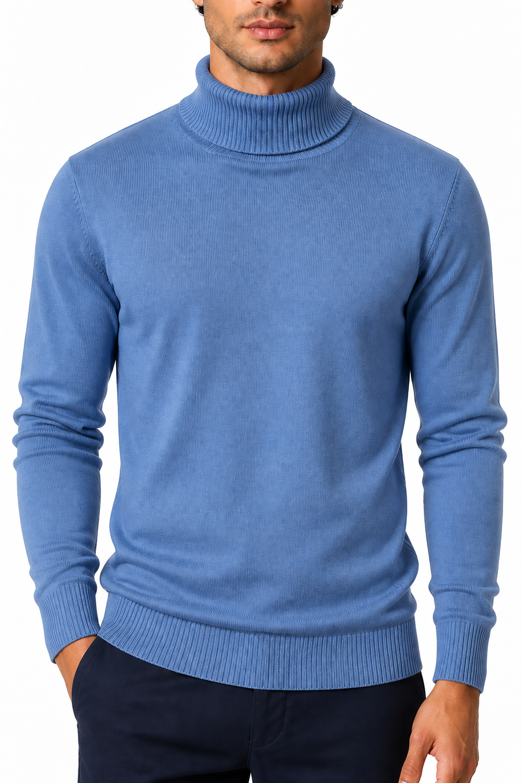 Ventorino Men's Turtleneck Sweater Slim Fit Soft Knit | Ventorino in Highneck Fog Blue — garment and fabric detail