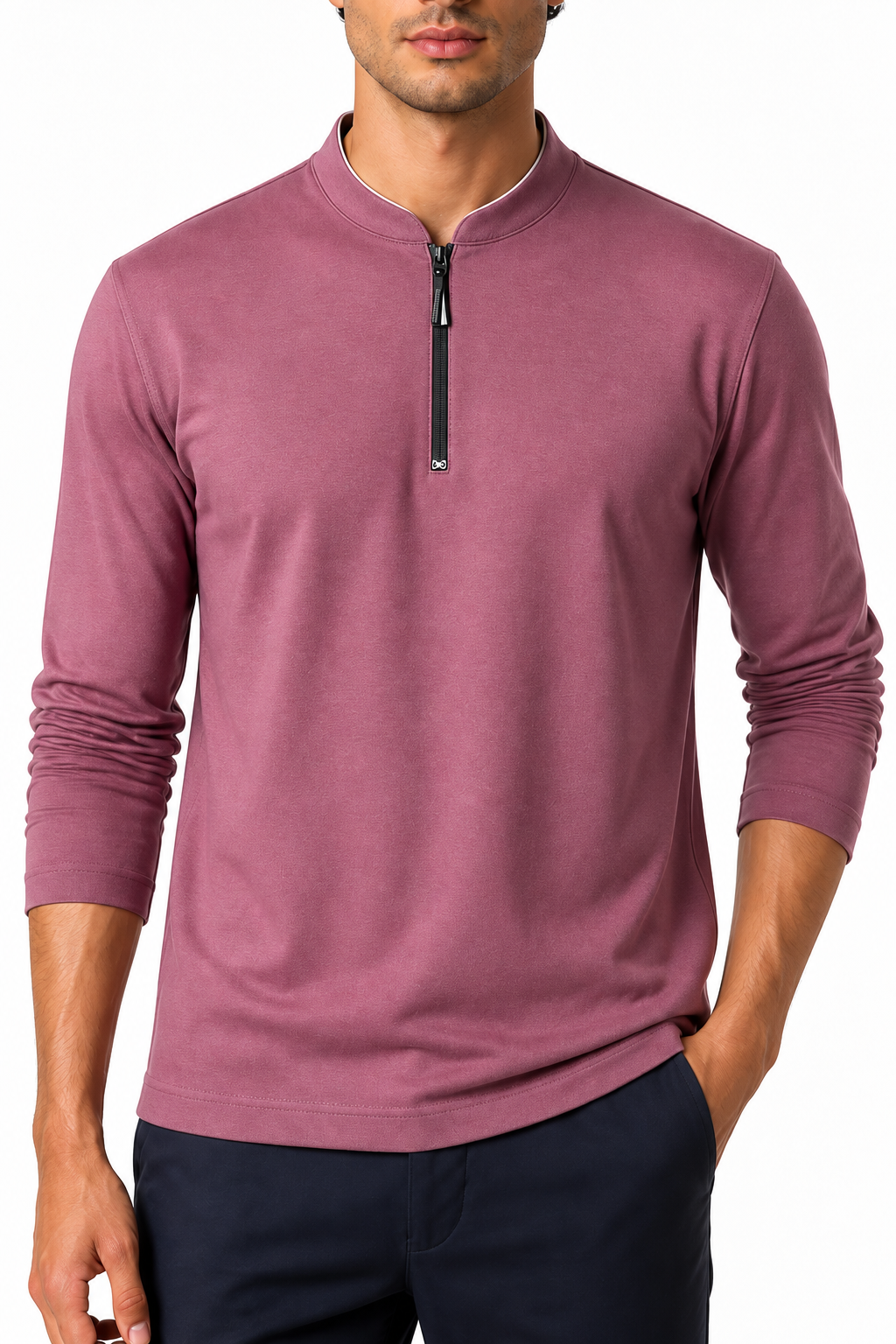 Ventorino Men's Sweatshirt Stand Collar Quarter Zip | Ventorino in Pink — garment and fabric detail