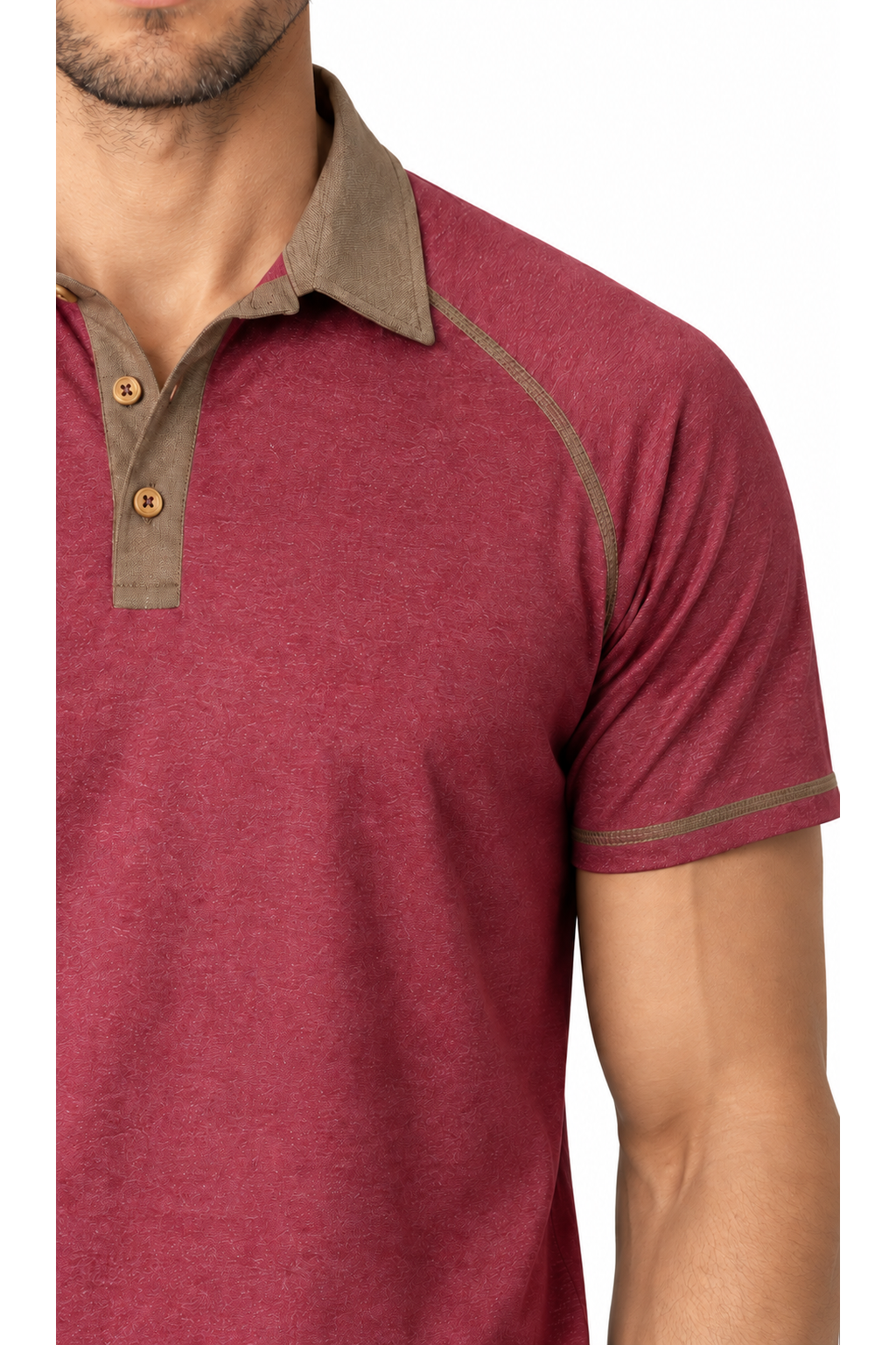 Ventorino contrast-stitch polo in purplish red — fabric and contrast detail