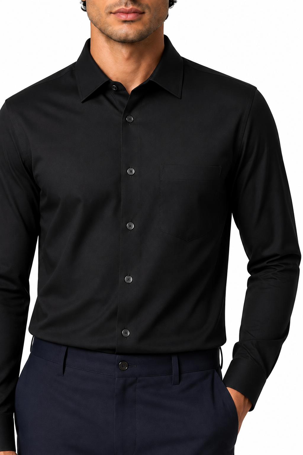 Ventorino Men's Dress Shirt Mercerized Fabric Stretch Fit | Ventorino in Black — garment and fabric detail