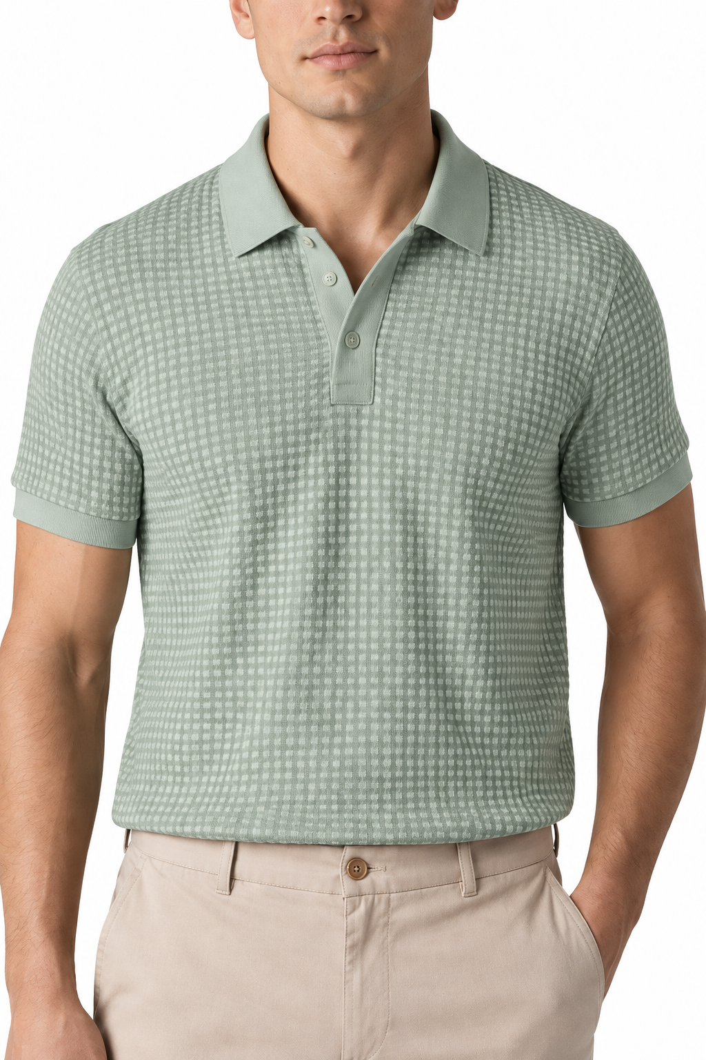 Ventorino Men's Polo Shirt Waffle Texture Breathable Knit | Ventorino in Light Green — garment and fabric detail
