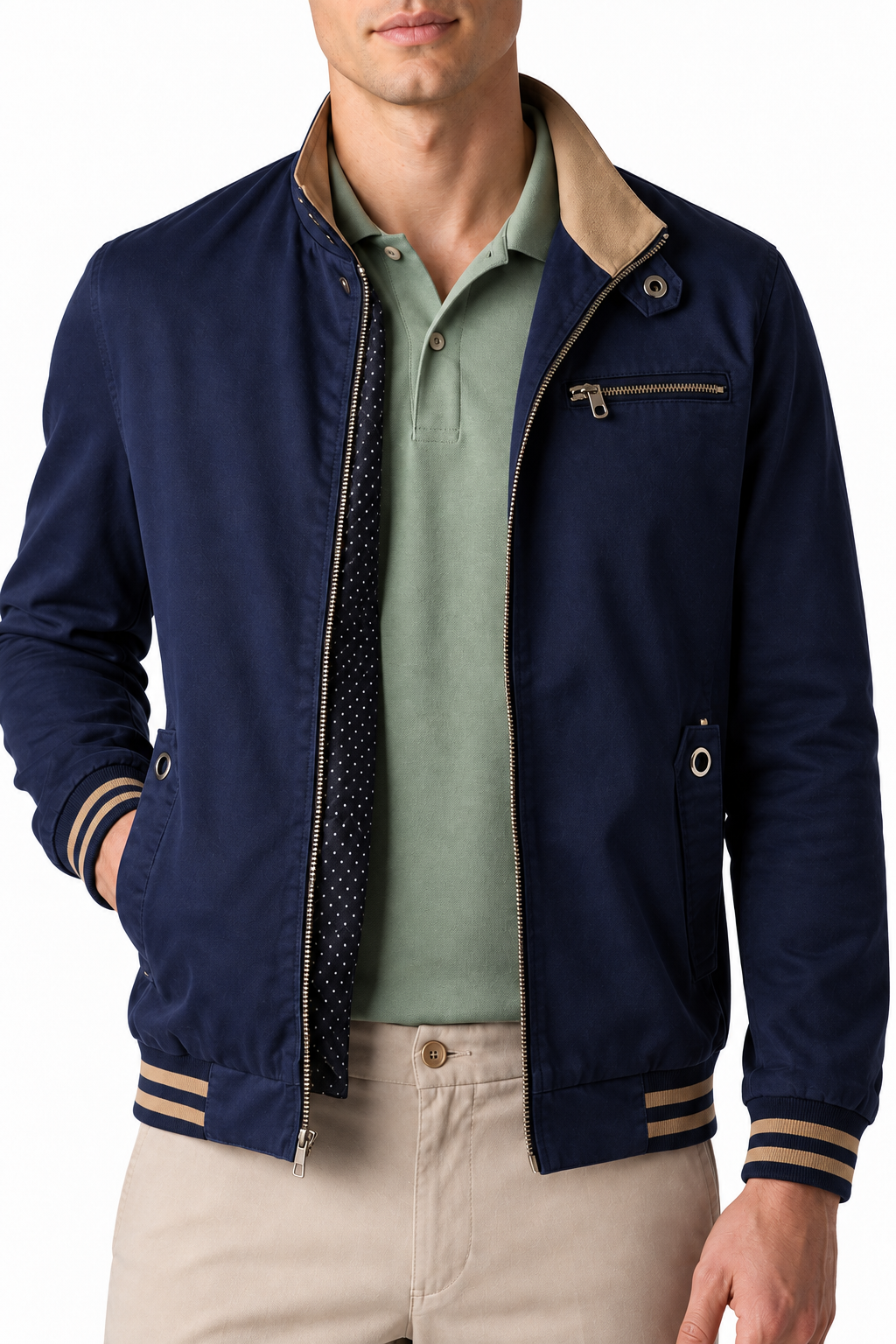 Ventorino Men's Jacket Contrast Trim Classic Fit | Ventorino in Navy Blue — garment and fabric detail