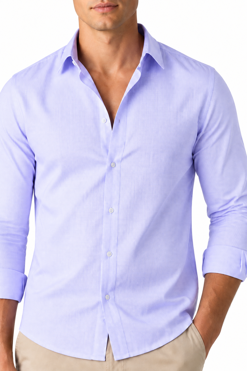 Ventorino Men's Open-Collar Shirt Versatile Fit Lightweight Feel | Ventorino in Light Purple Check — garment and fabric detail