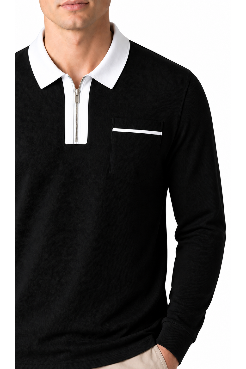 Ventorino full-zip contrast polo in black with white — zipper, fabric and pocket detail