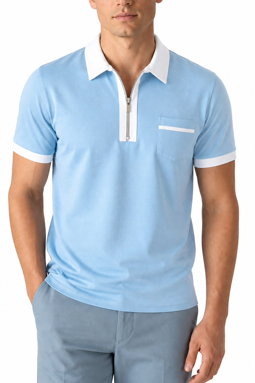 Ventorino Men's Polo Shirt Contrast Piping Chest Pocket | Ventorino in Light Blue — garment and fabric detail
