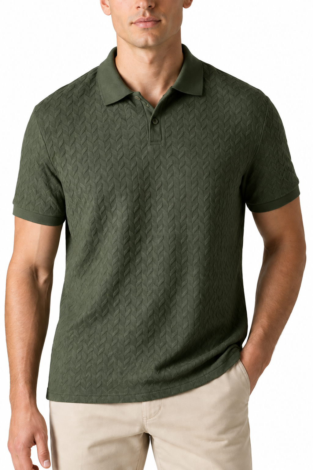 Ventorino Men's Polo Shirt Textured Fabric Button Collar | Ventorino in Army Green 2 — garment and fabric detail