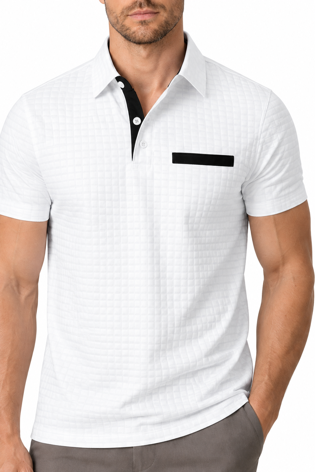 Ventorino Men's Polo Shirt Jacquard Check Chest Pocket | Ventorino in White — garment and fabric detail
