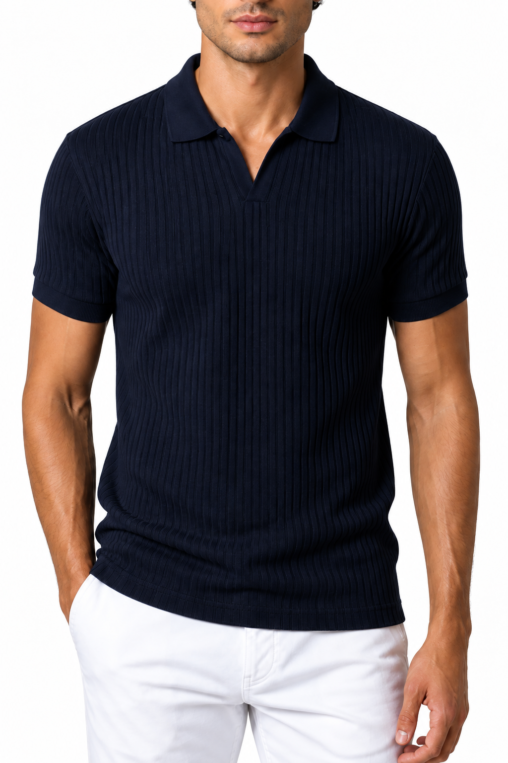 Ventorino Men's Polo Shirt Vertical Rib V-Neck | Ventorino in Navy Blue — garment and fabric detail