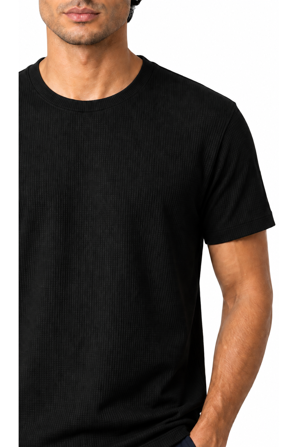 Ventorino micro-textured crew-neck T-shirt in black — fabric detail