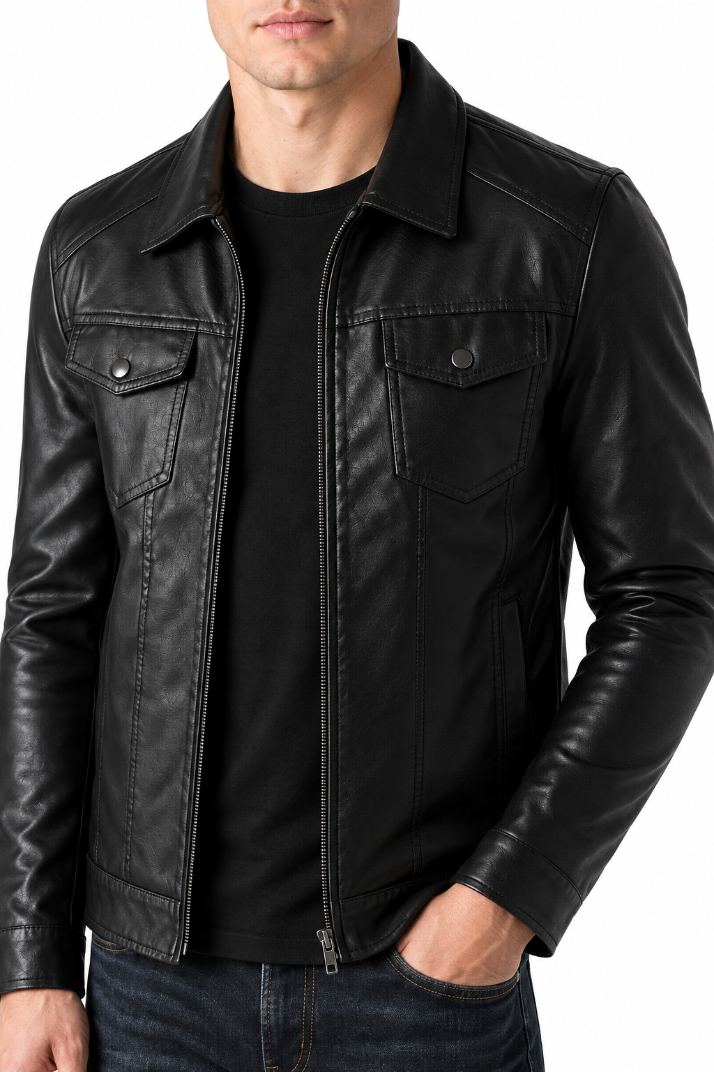 Ventorino Men's Jacket Quilted Finish Faux Leather | Ventorino in Fleece Lined — garment and fabric detail