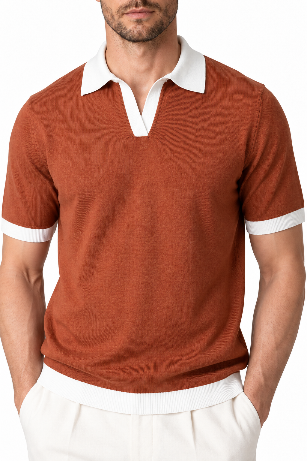 Ventorino Men's Knit Polo Contrast Collar Textured Finish | Ventorino in Brown — garment and fabric detail