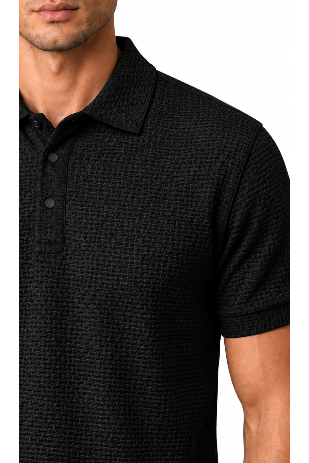Ventorino ice-silk textured polo in black — fabric detail