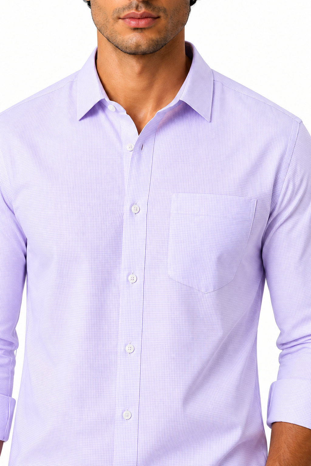 Ventorino Men's Button-Up Shirt Premium Cotton Classic Fit | Ventorino in Light Purple Check — garment and fabric detail