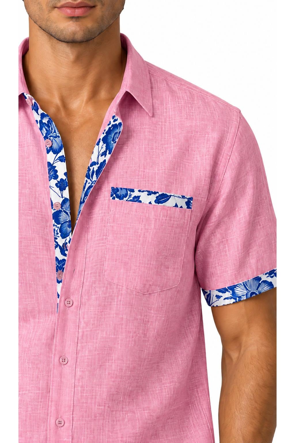 Ventorino floral trim vacation shirt in pink — linen fabric detail