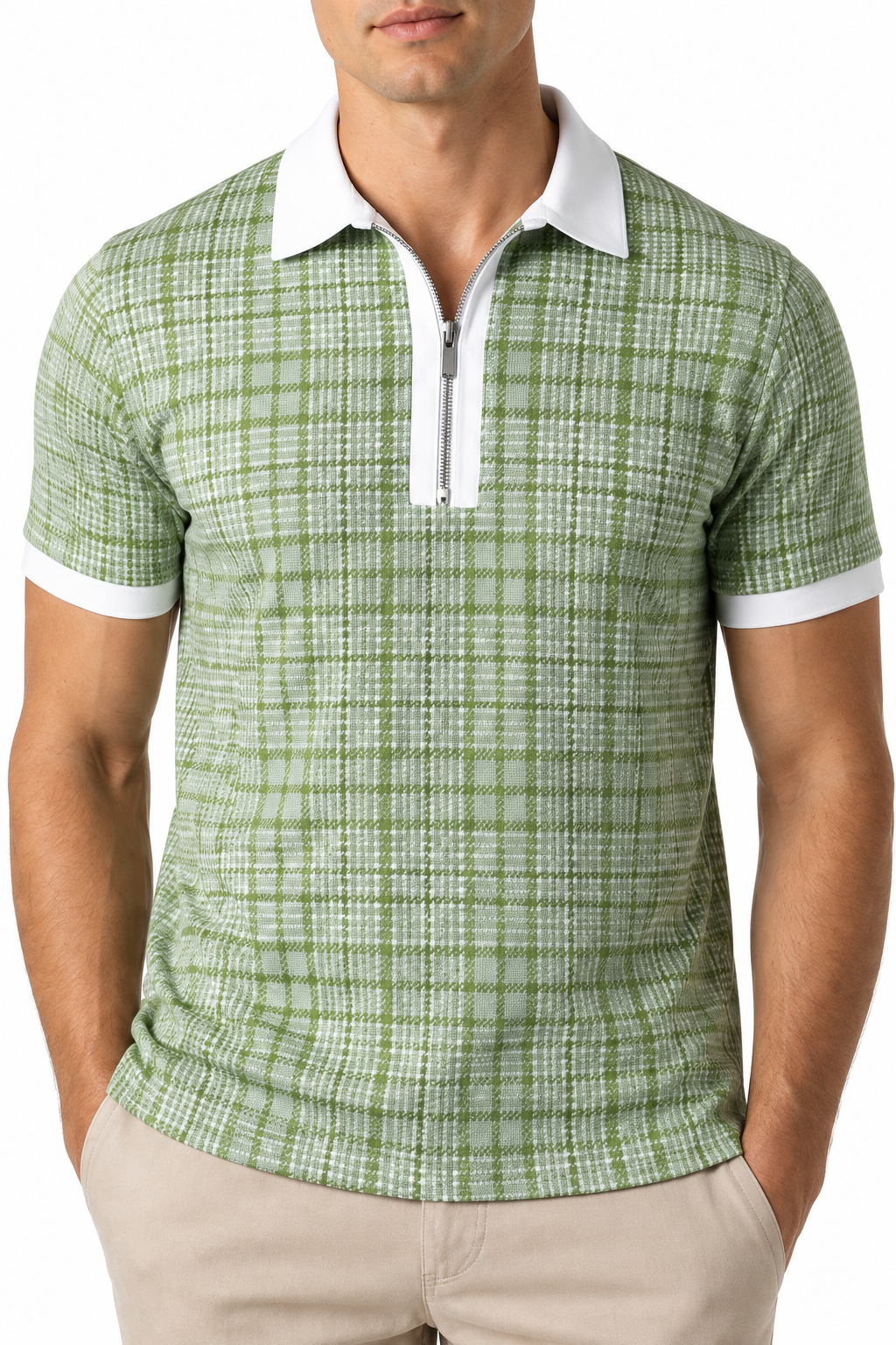 Ventorino Men's Polo Shirt Check Pattern Full Zip | Ventorino in Green — garment and fabric detail