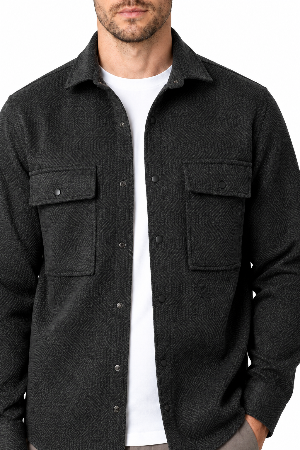 Ventorino Men's Overshirt Workwear Style Textured Fabric | Ventorino in Dark Gray — garment and fabric detail