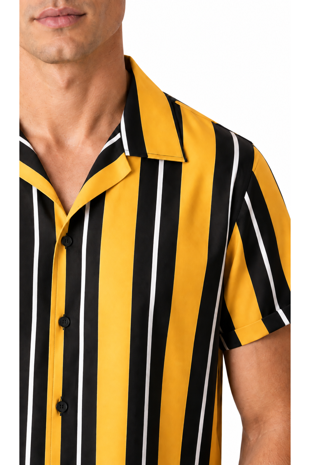Close-up of yellow striped camp-collar shirt, collar and fabric