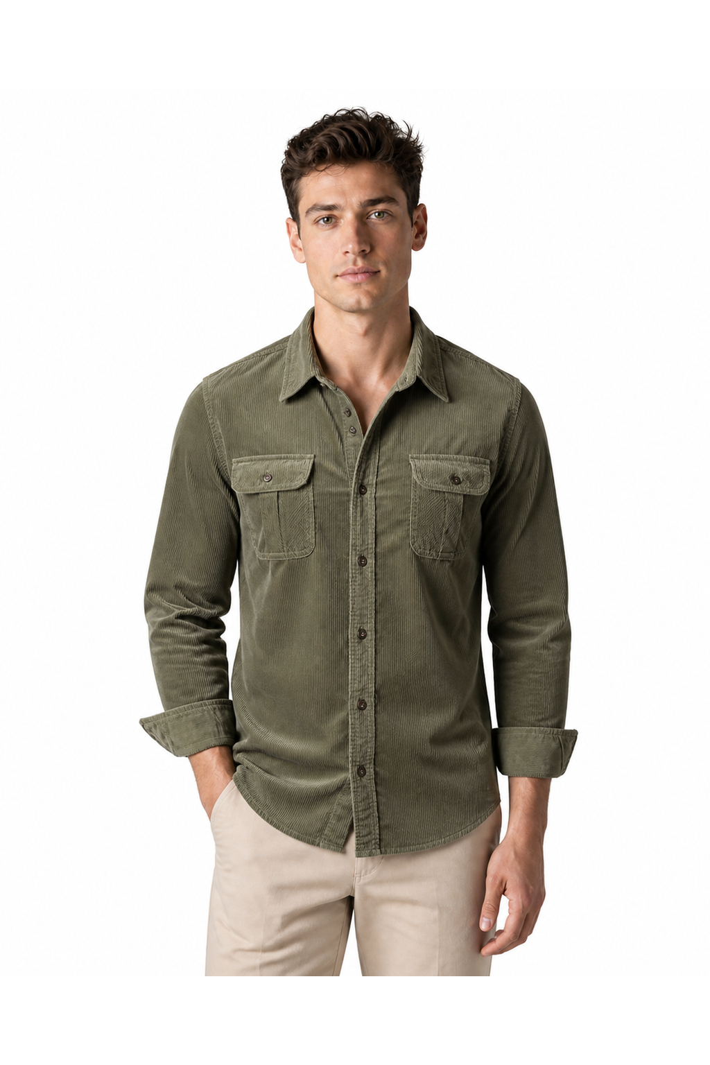 Gerald | Rugged Corduroy Overshirt - Army Green - front - group 1