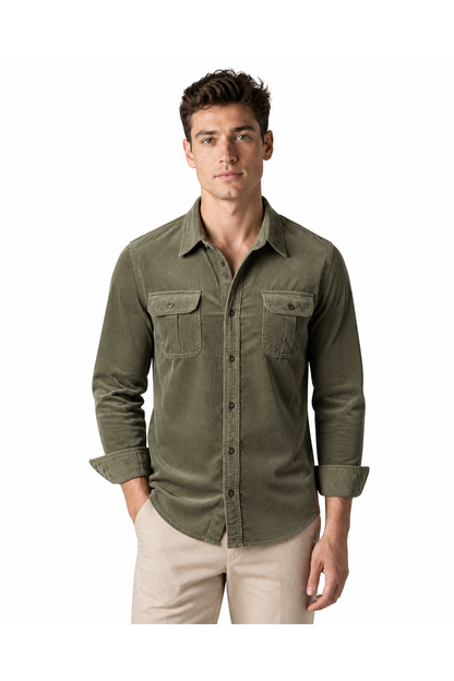 Gerald | Rugged Corduroy Overshirt - Army Green - front - group 1