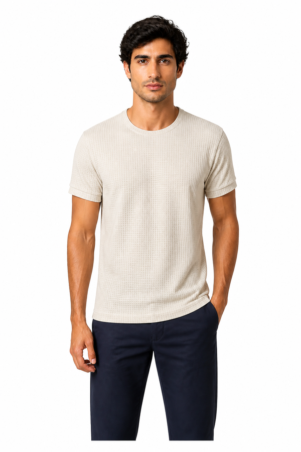 Men's T-Shirt Textured Fabric Crew Neck, Beige, front view